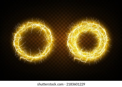 Set of golden hologram portal. Magical and fantastic portal. Magic circular podium for teleportation with a hologram effect on a transparent background. Vector golden glow rays with sparks.
