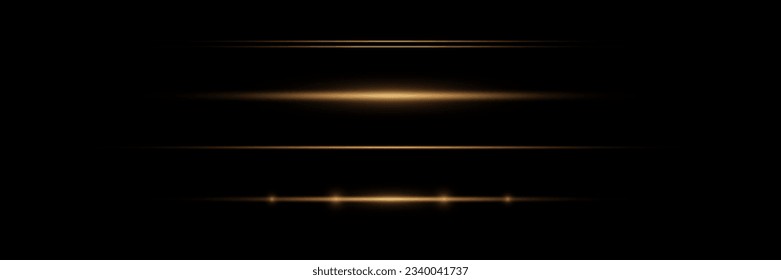 Conjunto de rayos dorados horizontales brillantes y resplandor de luz, línea de neón sobre un fondo negro. Ilustración del vector