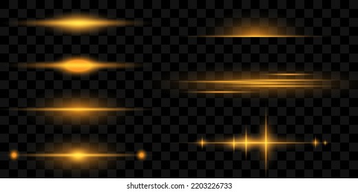 Set of golden horizontal highlights. Laser beams, glare, sparks, dust. Beautiful light flashes on a transparent background.