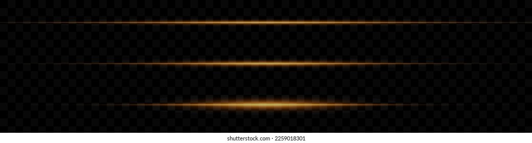 Set of golden horizontal highlights. Laser beams, horizontal light beams. Beautiful light flashes. Glowing stripes on a dark background.