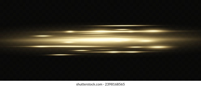 Set of golden horizontal highlights. Laser beams, horizontal light lines. Set of transparent vector glow light effects, explosion, shine, spark, solar flare.	