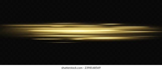 Conjunto de resaltados horizontales dorados. Vigas láser, líneas horizontales de luz. Conjunto de efectos de luz vectorial transparente, explosión, brillo, chispa, bengala solar.	