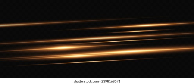 Set of golden horizontal highlights. Laser beams, horizontal light lines. Set of transparent vector glow light effects, explosion, shine, spark, solar flare.	