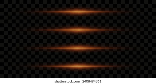 Conjunto de resaltados horizontales dorados. Vigas láser, vigas de luz horizontales. Se enciende una luz preciosa. Rayas brillantes en un fondo transparente.
