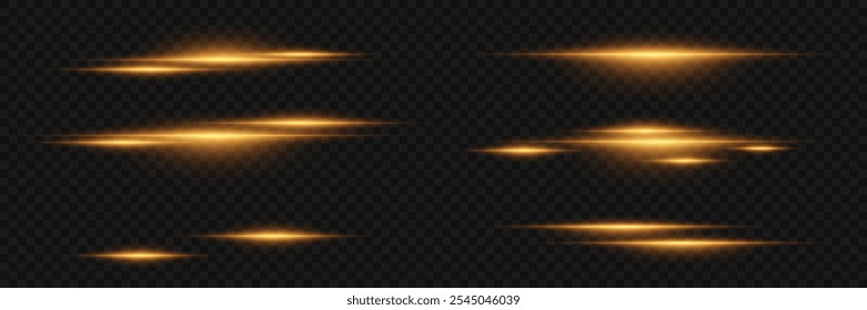 Set of golden horizontal highlights. Laser beams, lines of light.
