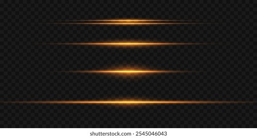 Conjunto de realces horizontais dourados. Raios laser, linhas de luz.