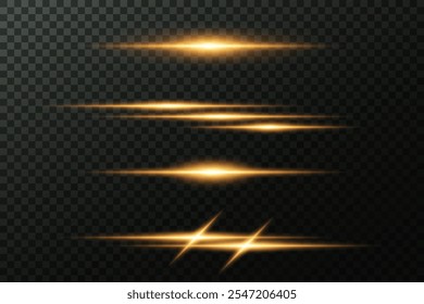 Set of golden horizontal highlights. Laser beams, horizontal light lines and rays. On a transparent background.