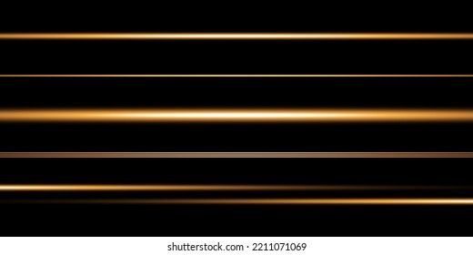 Set of golden horizontal highlights, lines. Laser beams, horizontal beams of light. Beautiful light flashes. Glowing stripes on a dark background. Glowing abstract sparkling background.