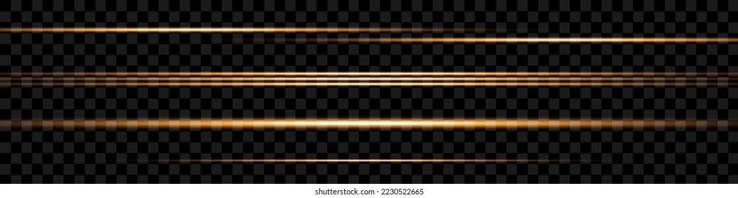 Reihe von goldenen horizontalen Highlights, Linien. Laserstrahlen, horizontale Lichtstrahlen. Schönes Licht blinkt. Glühende Streifen auf transparentem Hintergrund. Glühender abstrakter, funkelnder Hintergrund.