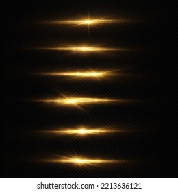 Set of golden horizontal lens flares, laser beams. Luminous abstract sparkling lines. Golden glowing star light explodes.