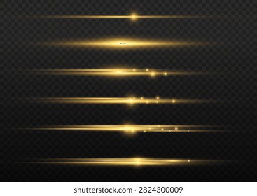 Set of golden horizontal light flares and glare effects with horizontal abstract particle luminescent background lighting starburst