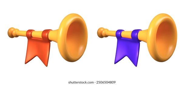 Set of golden horns with flags of different colors. Musical instruments of opposing armies