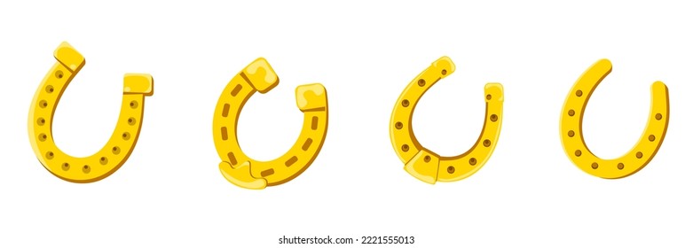 Set of golden horseshoes in cartoon style. Vector illustration of horseshoes as symbol of happiness, luck, money on white background.