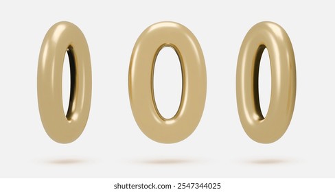 Set golden icon, 3d render number 0, zero, sign. Realistic design element. Vector illustration isolated on white for postcard, icons, poster, banner, web, design, arts