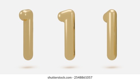 Set golden icon, 3d render number 1, one, sign. Realistic design element. Vector illustration isolated on white for postcard, icons, poster, banner, web, design, arts