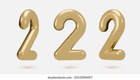 Set golden icon, 3d render number 2, two, sign. Realistic design element. Vector illustration isolated on white for postcard, icons, poster, banner, web, design, arts