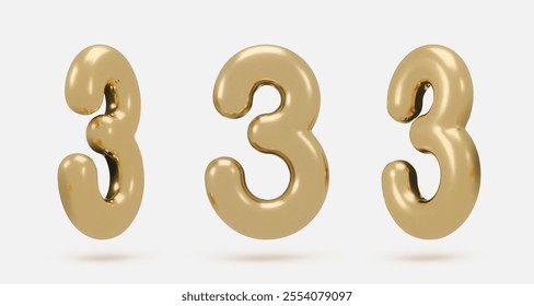 Set golden icon, 3d render number 3, three, sign. Realistic design element. Vector illustration isolated on white for postcard, icons, poster, banner, web, design, arts