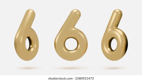 Set golden icon, 3d render number 6, six, sign. Realistic design element. Vector illustration isolated on white for postcard, icons, poster, banner, web, design, arts