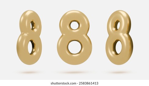 Set golden icon, 3d render number 8, eight, sign. Realistic design element. Vector illustration isolated on white for postcard, icons, poster, banner, web, design, arts