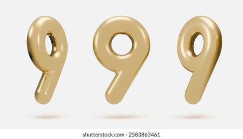 Set golden icon, 3d render number 9, nine, sign. Realistic design element. Vector illustration isolated on white for postcard, icons, poster, banner, web, design, arts