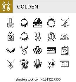 Set of golden icons. Such as Earrings, Chest, Amulet, Bridge, Bracelet, Necklace, Vip, Gold medal, Gold, Pendant, Wedding card, Eye of ra , golden icons
