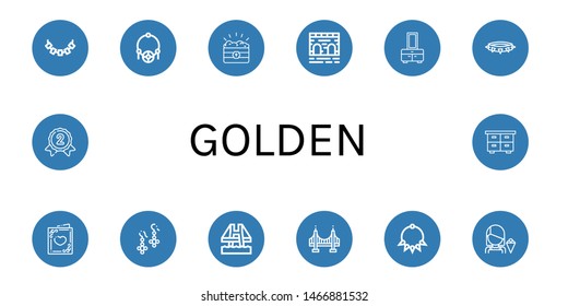 Set of golden icons such as Necklace, Amulet, Treasure, Bridge, Chest, Wedding card, Earrings, Golden gate, Seller, Silver medal , golden