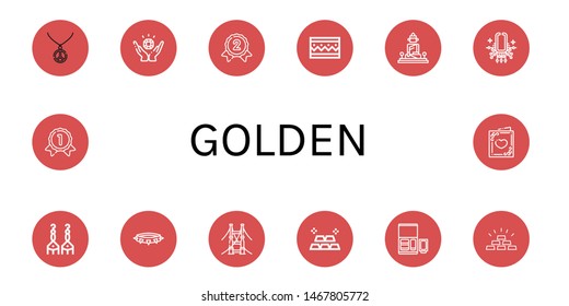 Set of golden icons such as Necklace, Jewelry, Silver medal, Bracelet, Great buddha of thailand, Earrings, Bridge, Gold, Nuggets, Gold medal, Wedding card , golden