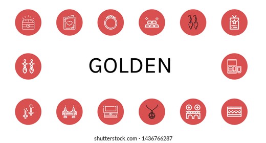 Set of golden icons such as Treasure, Wedding card, Bracelet, Gold, Earrings, Vip, Golden gate, Necklace, Bridge, Nuggets , golden