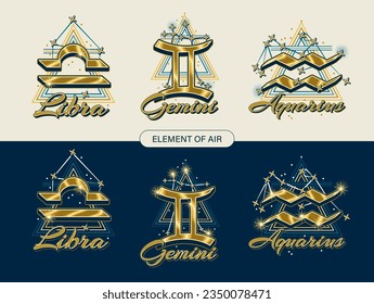 Set with golden icons of zodiac sign Libra, Gemini, Aquarius with constellation with stars, text, triangle as alchemical symbol for air element. Horoscope esoteric elements. Vintage style.