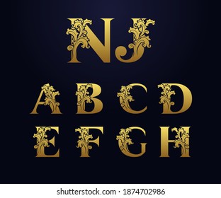 Set golden initial letters A, B, C, D, E, F, G, H, N, J with floral leaves. Luxury Natural Logo Icons. Elegant botanic design. Modern alphabet with branch ornament for monogram, emblem, initial,label.