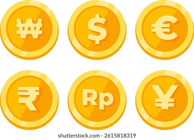 A set of golden international currency coin icons, including symbols for Won, Dollar, Euro, Rupee, and Yen, displayed in flat design. These images represent global currencies