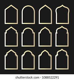 Set of golden islamic door and windows on black background