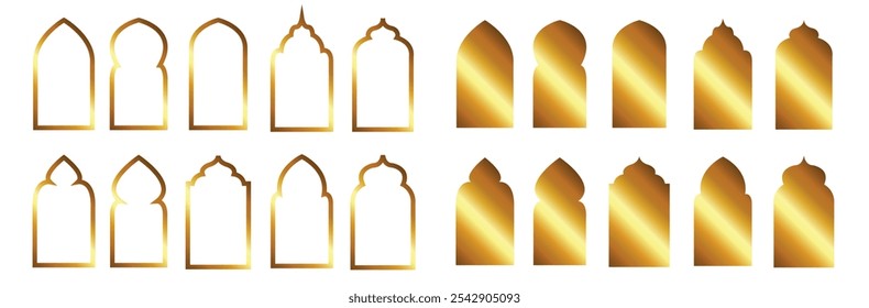 Conjunto de marcos islámicos dorados, arcos, ventanas y puertas en estilo oriental para Ramadán Kareem y Eid Mubarak. Relleno de Ilustración vectorial de oro de estilo árabe y marcos de borde para musulmanes.