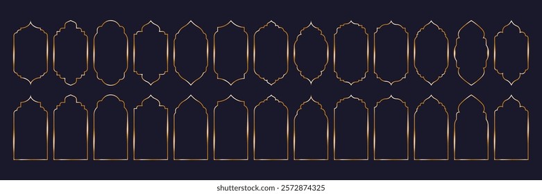 set golden Islamic frames. outline shape arches, gate, windows, domes of mosque