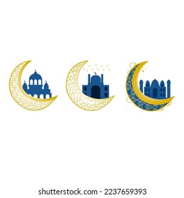 Set Of Golden Islamic Moon With Mosque