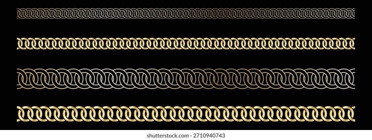 Set of golden isolated silhouette of chains on black background. Seamless pattern of chain.