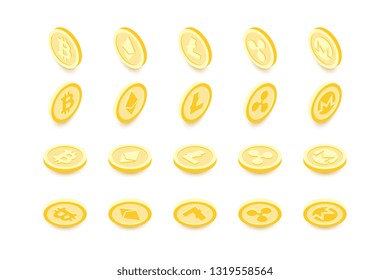 set of golden isometric coins with symbols of cryptocurrencies on white background. realistic 3d vector illustration easy to edit and customize. eps 10