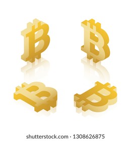 set of golden isometric symbol of bitcoin cryptocurrency on white background. realistic 3d vector illustration easy to edit and customize. eps 10