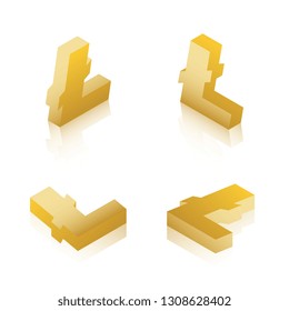 set of golden isometric symbols of litecoin cryptocurrency on white background. realistic 3d vector illustration easy to edit and customize. eps 10