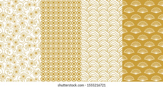 Set of golden Japanese patterns. Collection of seamless geometric designs for cards, gift wrappings and textile. Traditional oriental art motifs with circles, waves, fans and clouds.