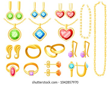 Juego de joyas de oro. Colección de anillos de oro, pendientes, cadenas y collares. Accesorios de joyería de dibujos animados. Ilustración de vectores aislada en fondo blanco