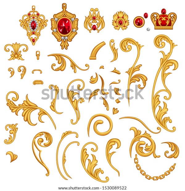 Set of golden jewelry\
scroll elements with ruby gem stones, crown,chain for decor frame\
in Rococo style