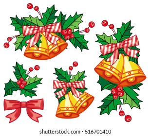 Set of golden jingle bells. Christmas decoration. Design elements for greetings cards, labels, invitations, stickers and other artistic works. Vector clip art.