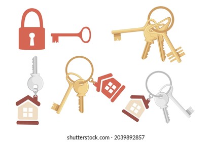 Juego de teclas de oro en el anillo con teclas de la cadena de claves ilustración vectorial plana sobre fondo blanco