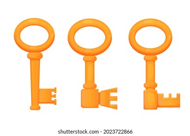 Set golden keys, ancient castle tool in cartoon style isolated on white background. Fairy comic ui game asset. Bright mystery object. 
