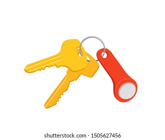 Set of golden keys isolated on white background. Bunch of keys vector image. Protection and security sign. Flat cartoon style retro door or padlock keys bunch hanging on ring. The concept of privacy.