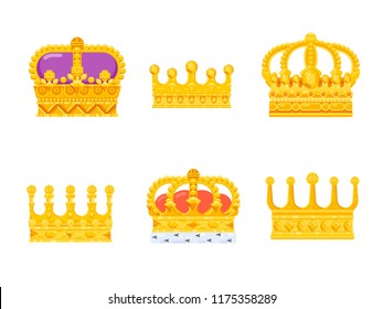 Set of golden king crown icons isolated on white background. Vector illustration
