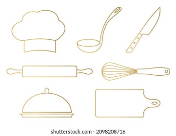 conjunto de cocinas doradas, íconos de utensilios de cocina: sombrero de chef, cuchara, cuchillo, vástago rodante, bigote, bandeja y tabla de corte - ilustración vectorial