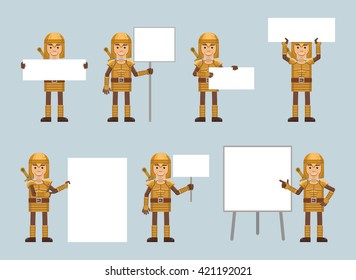 Set of golden knight characters posing with different blank banners. Cheerful knight with paper, poster, placard, pointing to whiteboard. Teach, advertise, promote. Flat style vector illustration