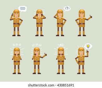 Set of golden knight characters posing in different situations. Cheerful knight talking on phone, thinking, crying, laughing, surprised, pointing up. Flat style vector illustration